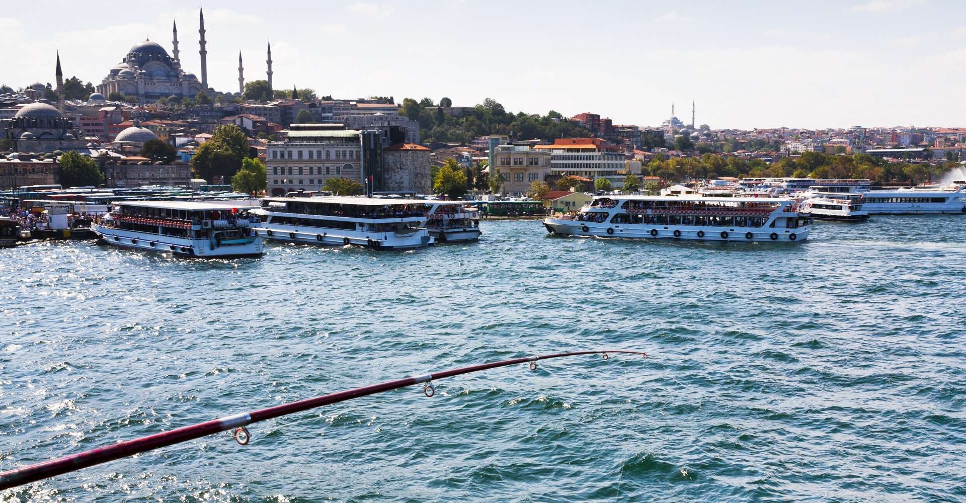 View of the Bosphorus in Istanbul with the Süleymaniye Mosque and passenger ferries, a fishing rod in the foreground